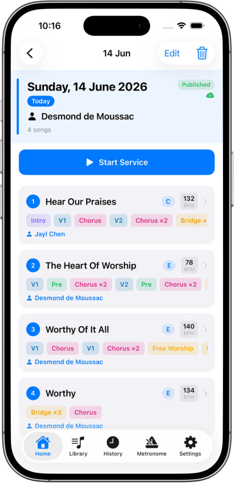 Beacon worship team app showing service planning screen