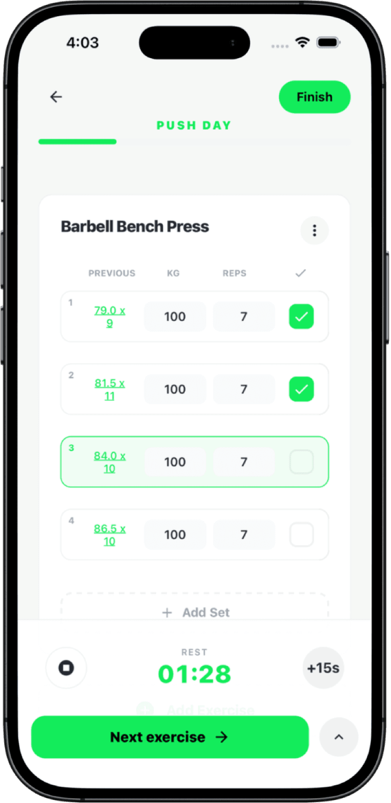 DayOne workout log app showing workout tracking screen