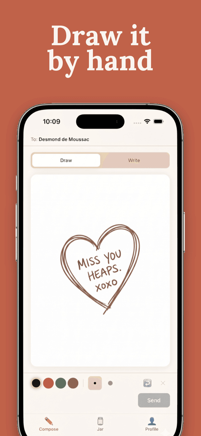 Dearlie couple love notes app showing note drawing screen