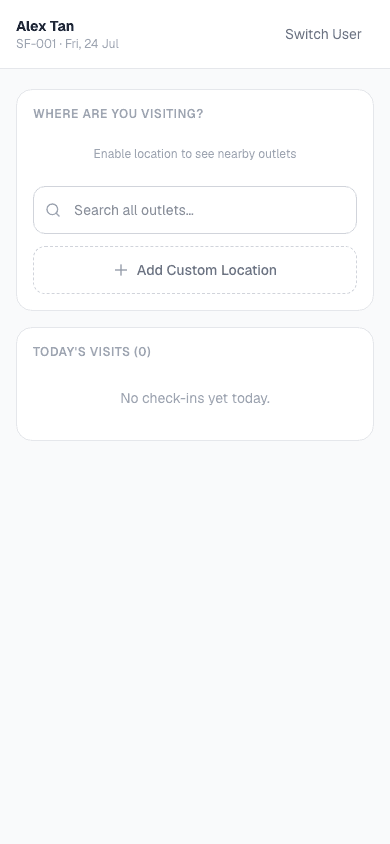 FieldCheck web app showing GPS check-in screen on mobile