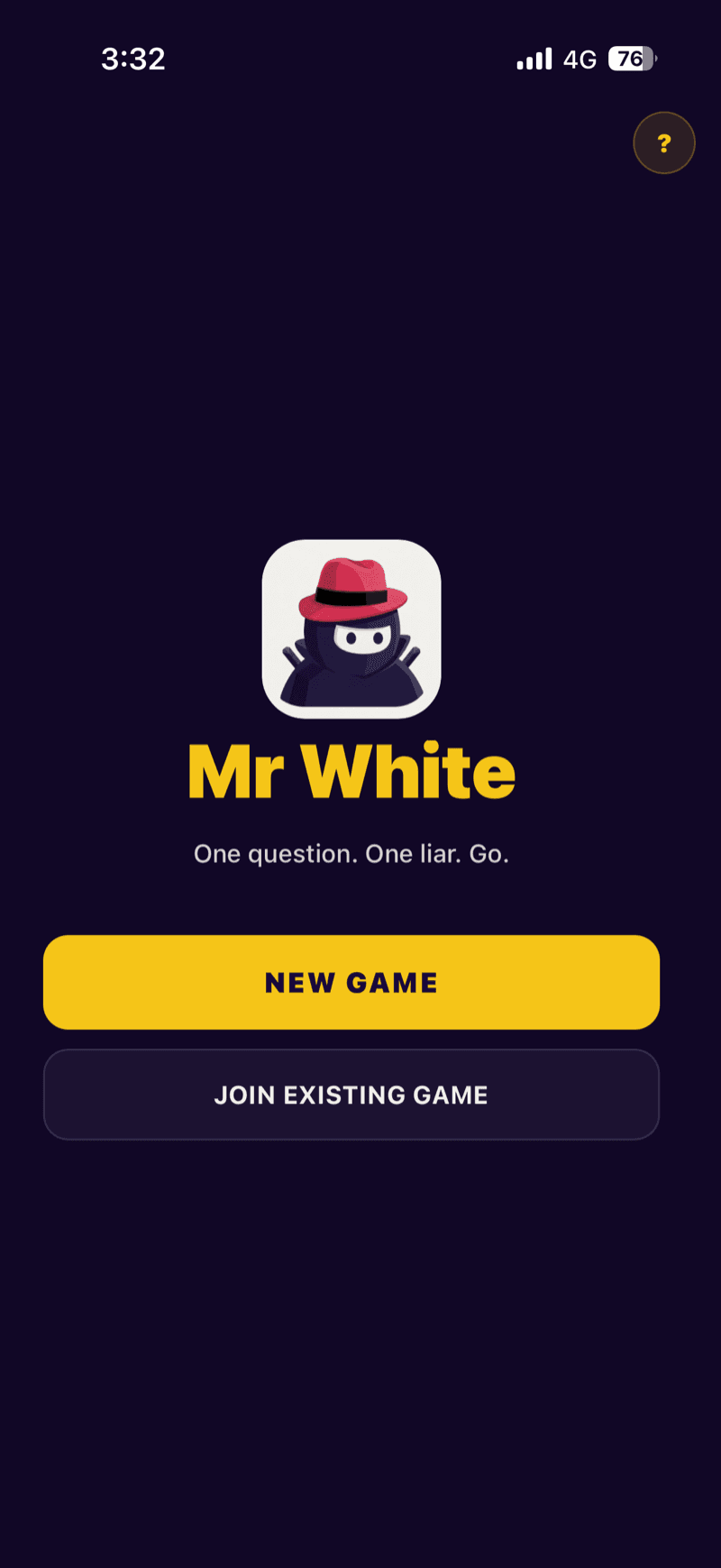 Mr White multiplayer party game app showing home screen